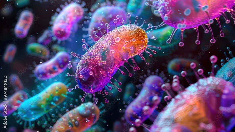 Abstract colorful microscopic bacteria in a dark background. Abstract colorful microscopic bacteria in a dark background.