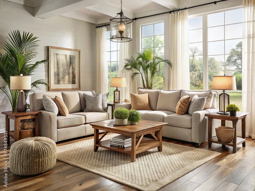 Fototapeta premium Cozy living room scene with budget-friendly furniture options, neutral color scheme, and natural lighting, evoking a