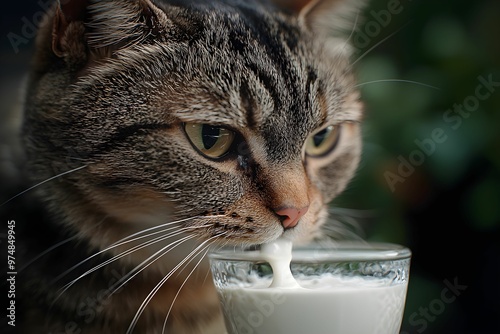 Cat enjoying a refreshing drink of milk on a sunny afternoon photo