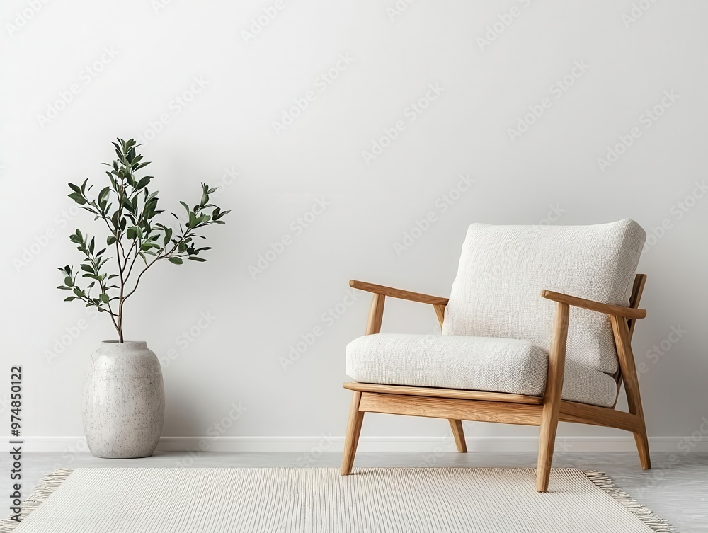 Fototapeta premium Teak wood armchair with plush cushions in a mid-century modern living room, teak chair, retro comfort