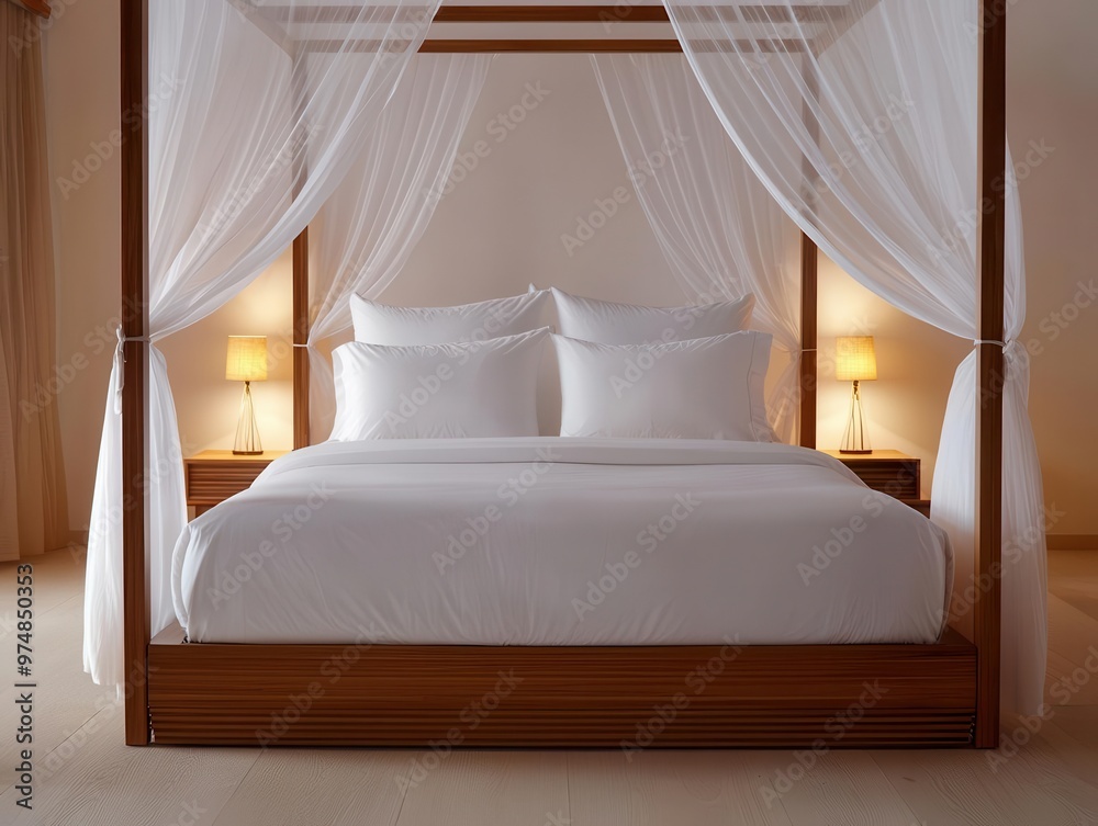 Handcrafted teak wood four-poster bed, with luxurious bedding and soft lighting, teak bed, luxury sleep