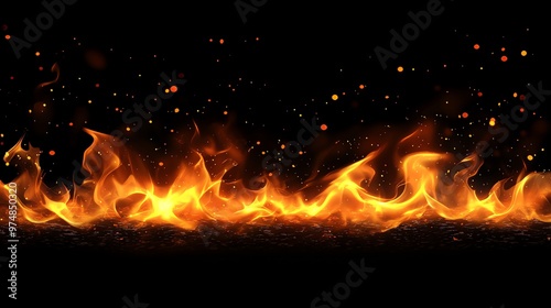 A vibrant flame with glowing embers on a dark background, perfect for capturing the essence of heat and energy. photo