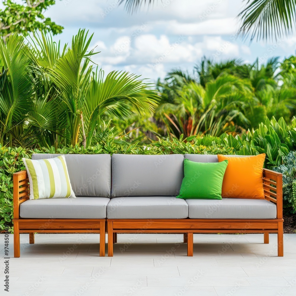Fototapeta premium Teak wood outdoor sectional with bright cushions, set against a tropical backdrop, teak patio furniture, island luxury