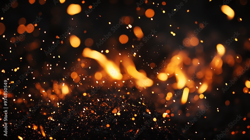Fototapeta premium Captivating sparks and glowing embers create a mesmerizing fire scene, perfect for evoking warmth and energy.