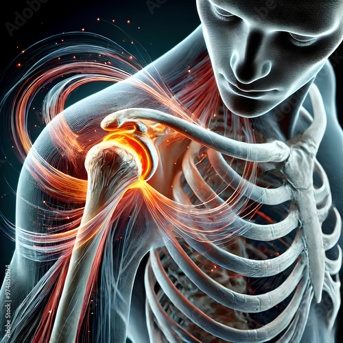 3D bone: human joint in motion, showing humerus, scapula, clavicle work together during shoulder rotation. movement of rotator cuff muscles, stabilize shoulder joint. synovial fluid in lubricating.