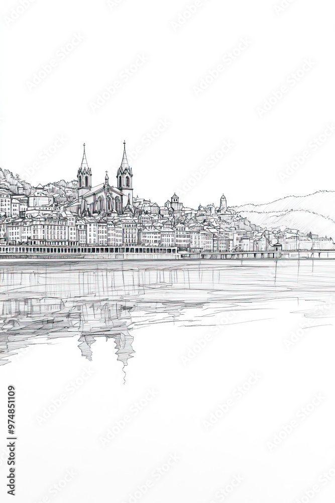 Fototapeta premium San Sebastin, Spain, black and white pen pencil hand-drawn effect portrait drawing illustration for travel poster, card, wallpaper, backdrop or banner. Modern, clear, artistic and simple