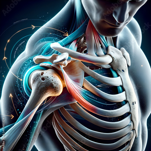 3D bone: human joint in motion, showing humerus, scapula, clavicle work together during shoulder rotation. movement of rotator cuff muscles, stabilize shoulder joint. synovial fluid in lubricating.