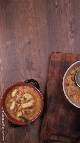 Ciotola con zuppa e pezzetti di pane tostato, uomo che mette foglie di salvia sulla zuppa, video verticale photo