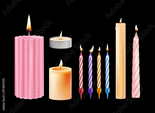 Realistic 3d candles. Burning decorative aromatic paraffin wax candles, birthday cake colorful twisted candle isolated on black background. Vector set.