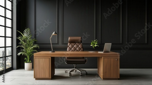 High-end teak wood executive desk with leather accessories in a luxurious office, teak office furniture, executive style photo