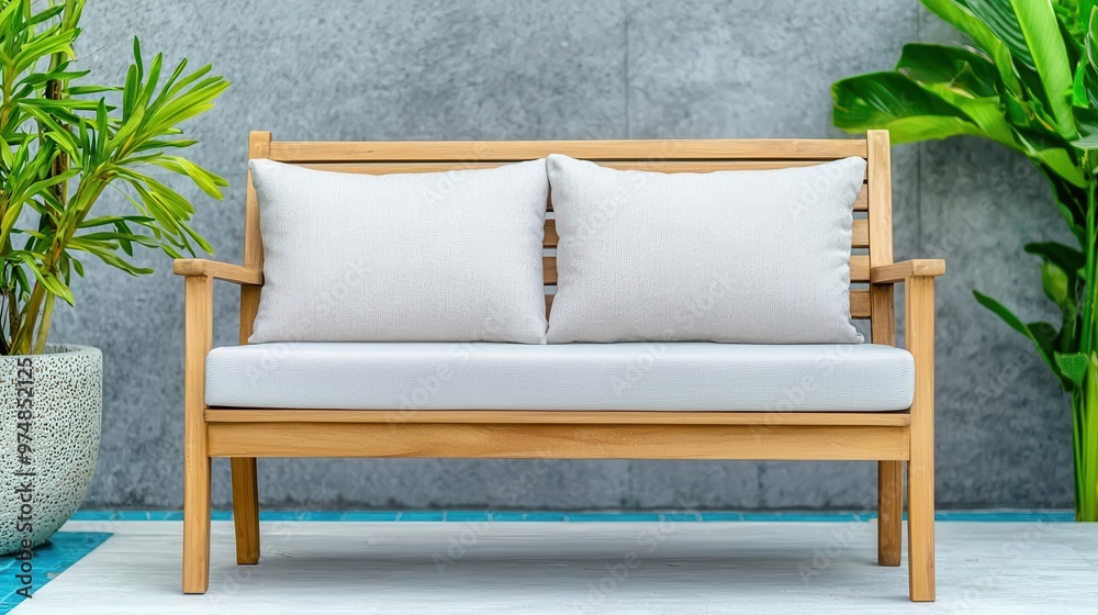 Teak wood bench with plush cushions, sitting on a poolside patio, perfect for relaxation, teak outdoor furniture, resort-style living Teak wood bench with plush cushions, sitting on a poolside patio, perfect for relaxation, teak outdoor furniture, resort-style living
