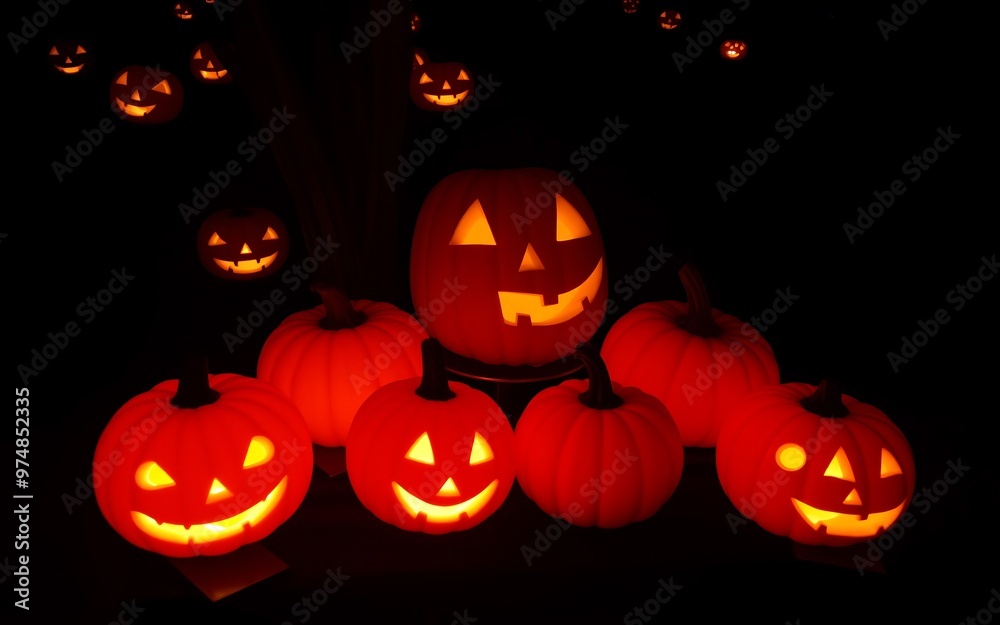 Glowing orange jack-o'-lantern pumpkins on a dark background, perfect for Halloween decorations and spooky celebrations. 
