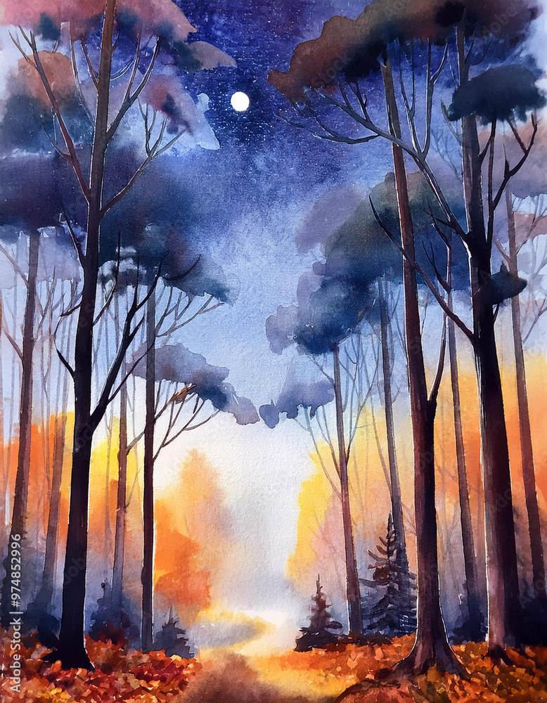 Fototapeta premium Watercolor night autumn forest. Beautiful natural landscape. Autumnal trees, moonlit, nature scene