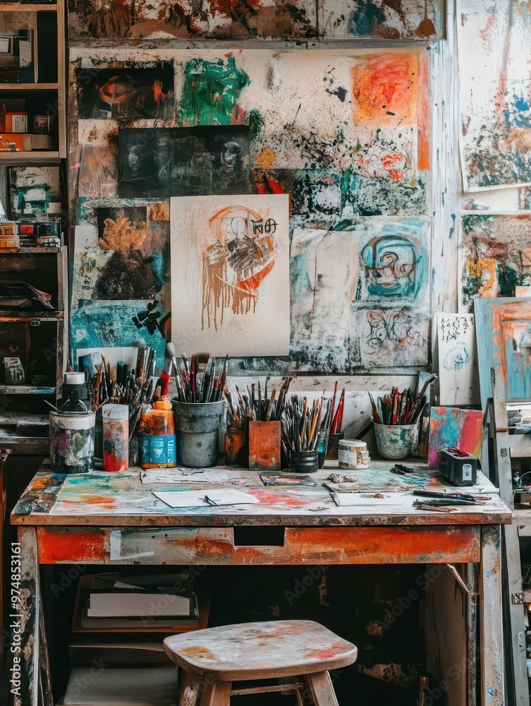 A creative workspace filled with art supplies and inspirational quotes A creative workspace filled with art supplies and inspirational quotes