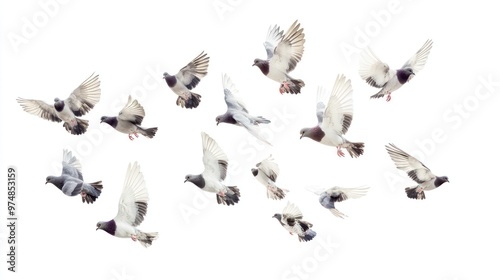 A flock of pigeons flying, isolate on white background