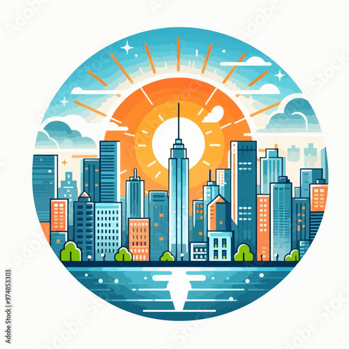 A city skyline with a large building in the center and a sun in the sky. The sun is shining brightly and the buildings are tall. The city appears to be bustling