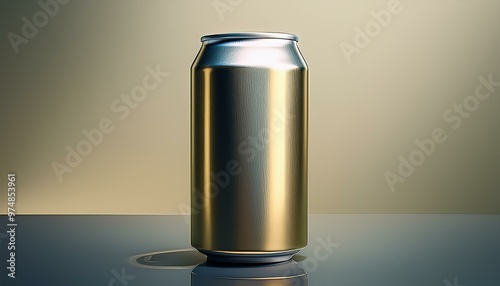 An aluminum can with a single, small dent on the side, placed on a flat surface with a soft 