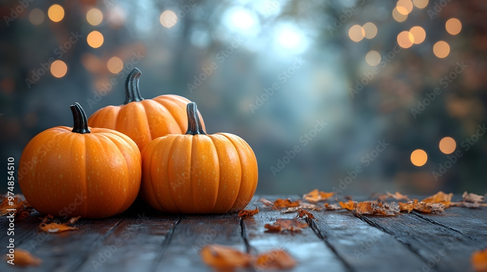 Autumn seasonal Halloween pumpkins, leaves, on the wooden table Autumn seasonal Halloween pumpkins, leaves, on the wooden table