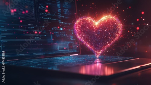 A glowing heartbeat made of light particles pulsating on a laptop, surrounded by health data and vital signs