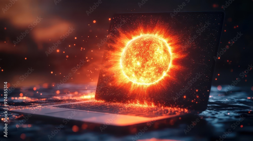 Fototapeta premium A glowing sun made of light particles rising over a digital landscape, displayed on a laptop