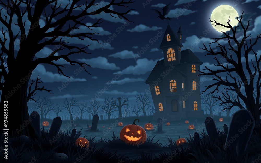 A spooky Halloween scene with a haunted house and pumpkins in a graveyard, perfect for creating a creepy and mysterious atmosphere.
A spooky Halloween scene with a haunted house and pumpkins in a graveyard, perfect for creating a creepy and mysterious atmosphere.