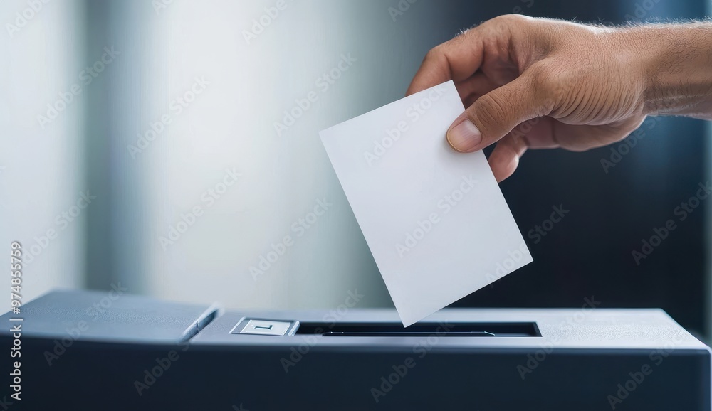 A hand depositing a blank ballot into a voting machine, symbolizing participation in the electoral process. A hand depositing a blank ballot into a voting machine, symbolizing participation in the electoral process.