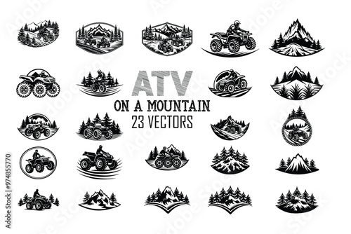 Stylish ATV quad on a mountain going uphill and leaving vectors
