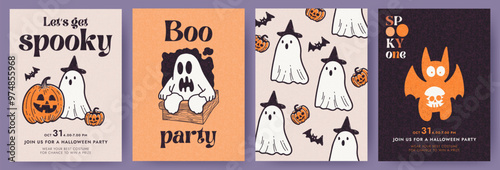 Happy Halloween set of cute hand drawn vector cartoon cards or party invitations with ghosts, bat, pumpkin, Halloween wishes. Trendy doodle flat design for decoration, ads, greetings, poster, cover