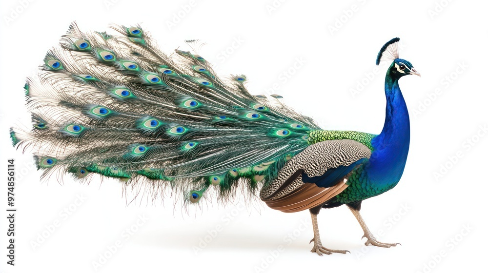 Fototapeta premium A high-resolution shot of a peacock spreading its feathers, isolate on white background