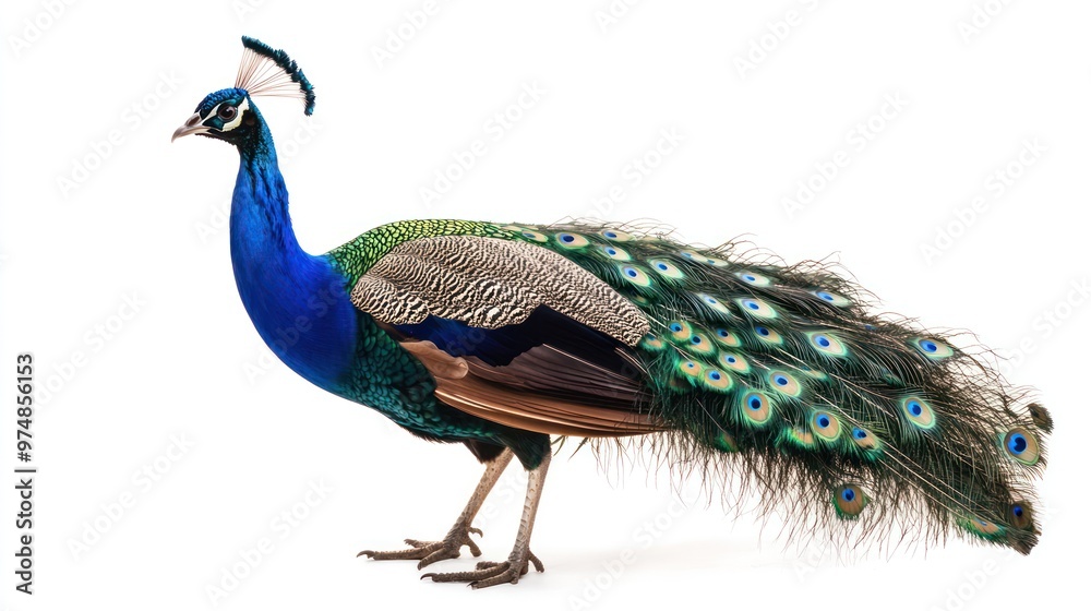 Fototapeta premium A high-resolution shot of a peacock spreading its feathers, isolate on white background