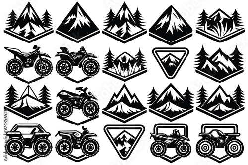 Stylish ATV quad on a mountain going uphill and leaving vectors
