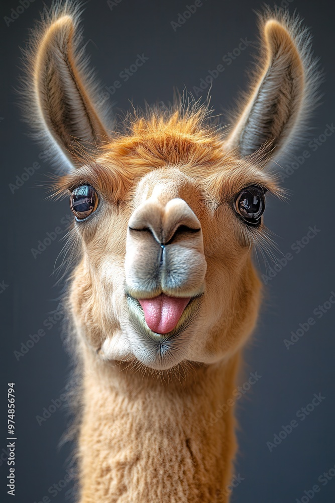 Obraz premium A playful llama with a cheerful expression and distinctive ears, perfect for animal lovers and nature enthusiasts.