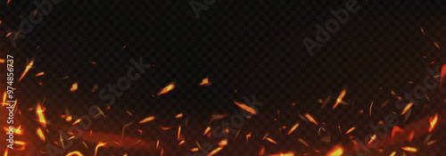Fire sparks background. Burning glowing particles frame, embers burning cinder. Flame of fire with sparks. Vector texture.