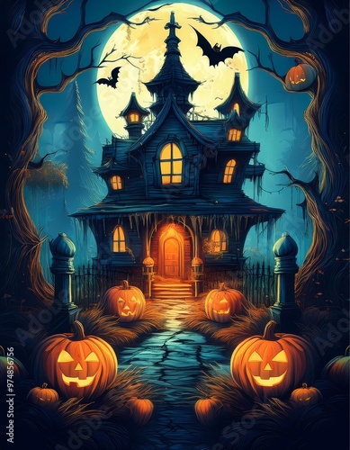 A spooky haunted house with pumpkins under a full moon, Halloween theme.