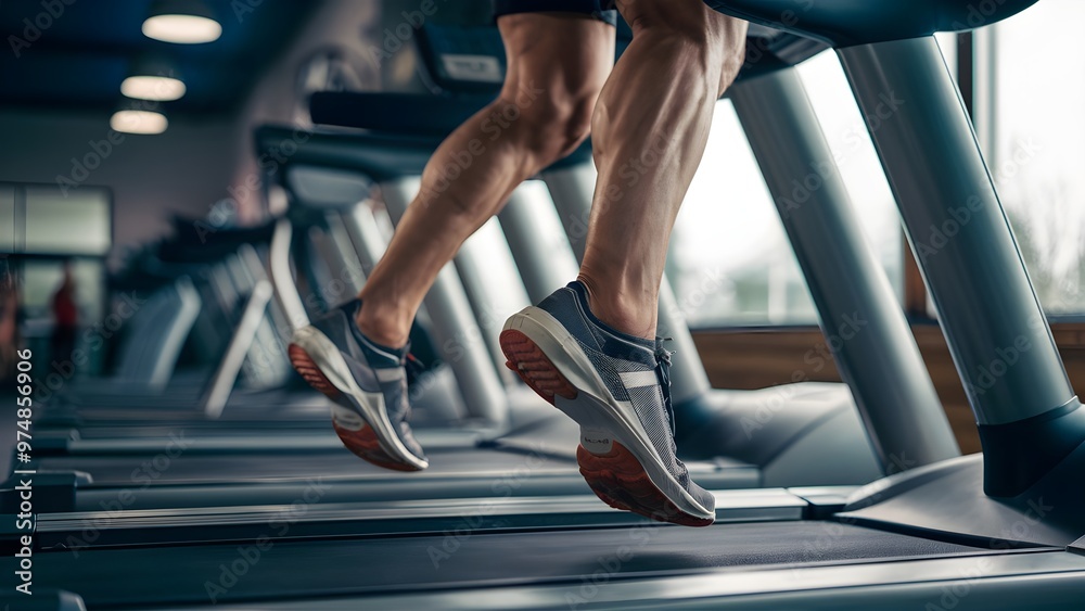Close-up of a runner’s feet on a treadmill in a fitness club. The athlete is engaged in intense training, showcasing dedication to a healthy lifestyle. Close-up of a runner’s feet on a treadmill in a fitness club. The athlete is engaged in intense training, showcasing dedication to a healthy lifestyle.