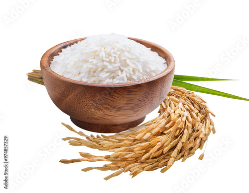 White rice Thai jasmine rice in a wooden bowl and ears of rice isolated on white background photo