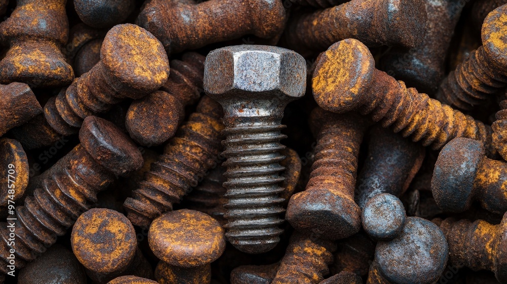 pile of old, rusted screws, bolts, and nuts, with one shiny new bolt standing out in the middle. pile of old, rusted screws, bolts, and nuts, with one shiny new bolt standing out in the middle.