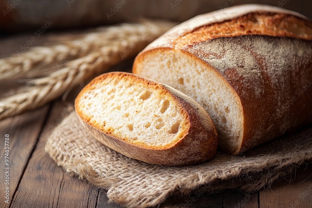 A delicious looking freshly baked bread loaf sits on a rustic wooden surface with wheat stalks in the background. A delicious looking freshly baked bread loaf sits on a rustic wooden surface with wheat stalks in the background.