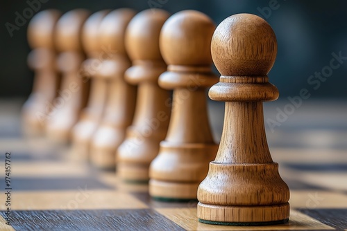 A row of wooden chess pawns neatly lined up on a chessboard, symbolizing strategy, planning, and competition. photo