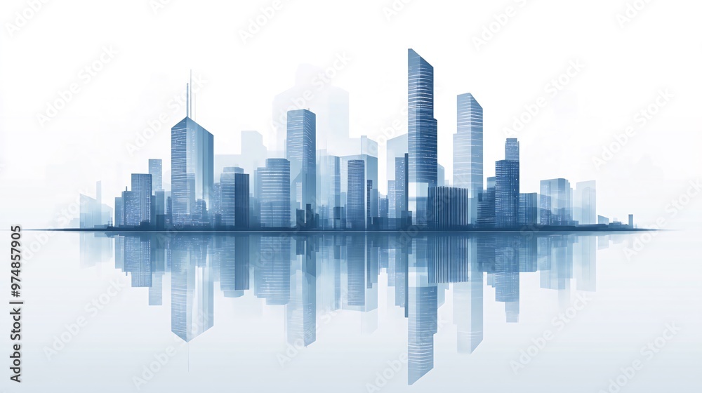 Fototapeta premium A stylized cityscape silhouette with a reflection on a white background.