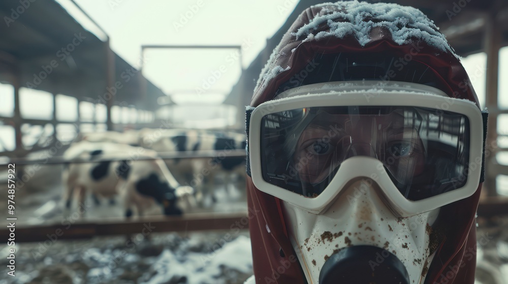 Fototapeta premium Man in Protective Gear in Cow Barn