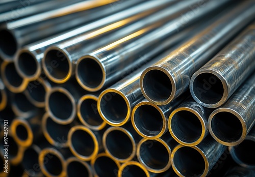 Close-up of shiny steel pipes stacked in a neat arrangement, showcasing durable construction materials for industrial projects.