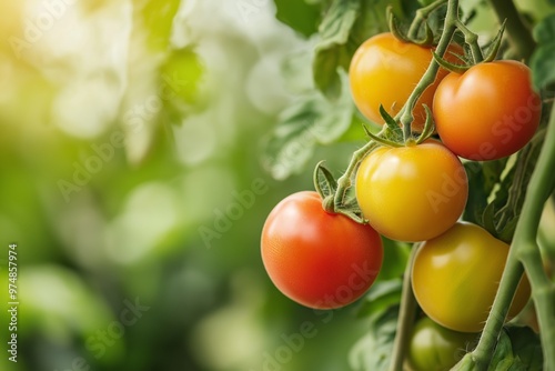 Cluster of vibrant red and yellow ripe tomatoes hanging on a plant among lush green foliage in a garden.