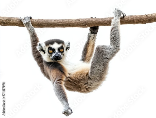 A lemur hanging from a branch, isolate on white background