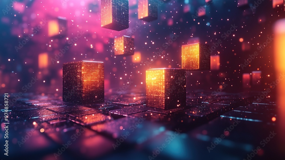 Fototapeta premium Abstract futuristic city with glowing lights and a neon sky.