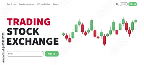 Candlestick chart. Online trading platform courses promo landing page with 3d green and red japanese candlestick chart. Stock market trading banner. Vector web design template.