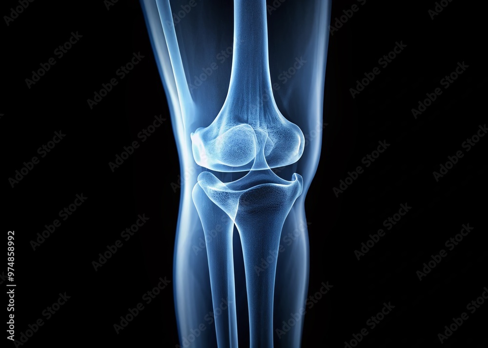 Diagonal view of a normal knee joint X-ray image, showcasing healthy bone structure, smooth joint surfaces, and proper Diagonal view of a normal knee joint X-ray image, showcasing healthy bone structure, smooth joint surfaces, and proper