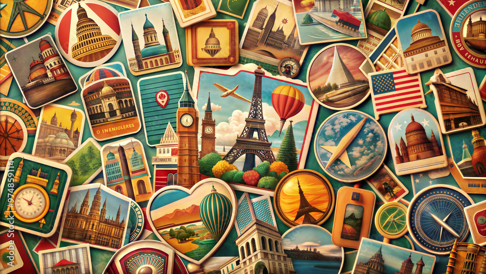 Fototapeta premium Collection of colorful travel souvenirs featuring famous landmarks and attractions