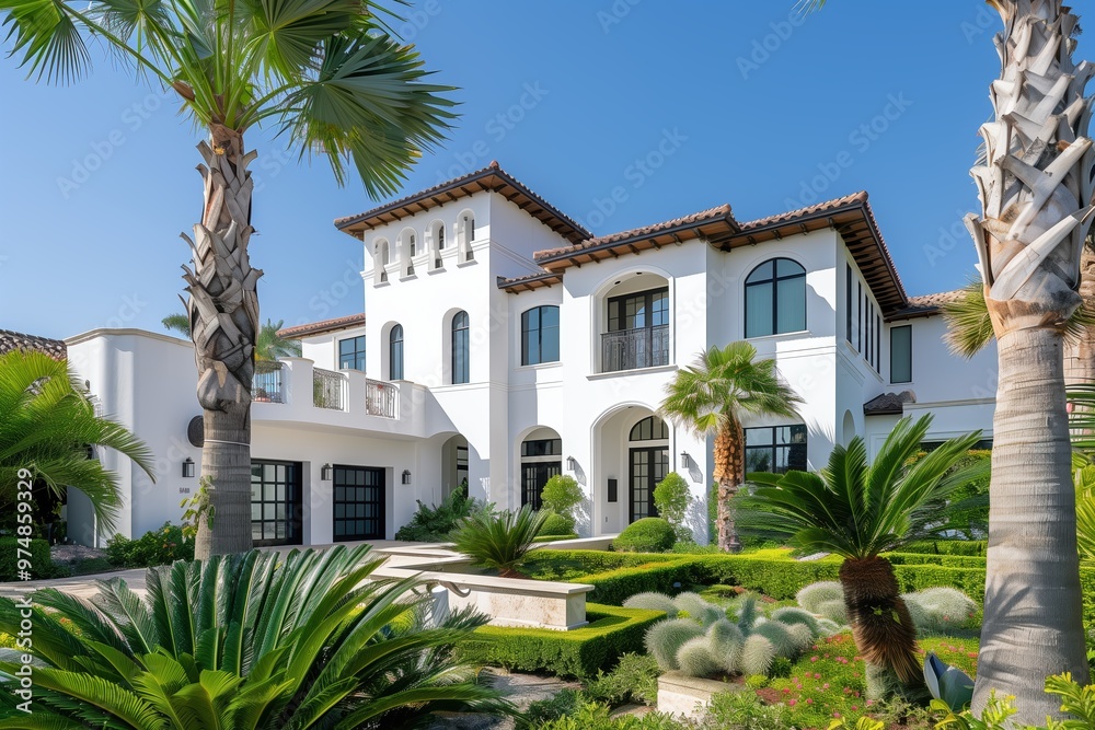 Fototapeta premium Luxury Mediterranean estate with classic white stucco facade, terracotta roof tiles, and lush garden landscaping featuring palm trees and manicured hedges, showcasing timeless elegance