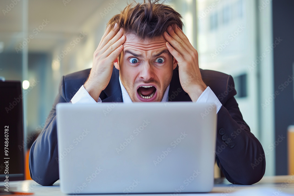 Screaming business man infront of laptop Screaming business man infront of laptop